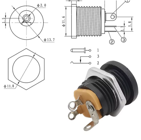 DC,Buchse,Einbau,Mutter,zentral,Schalt,kontakt,5,5,2,1,mm